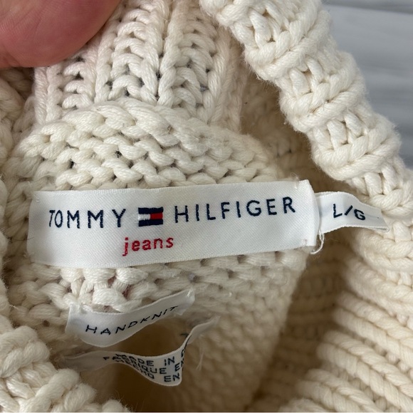 Tommy Hilfiger Vintage Hand Knit 90’s Cotton Logo Chunky Cowl Neck Sweater Large - Picture 9 of 10